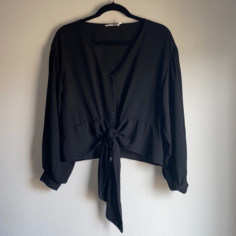 Lush sheer black tie front top small